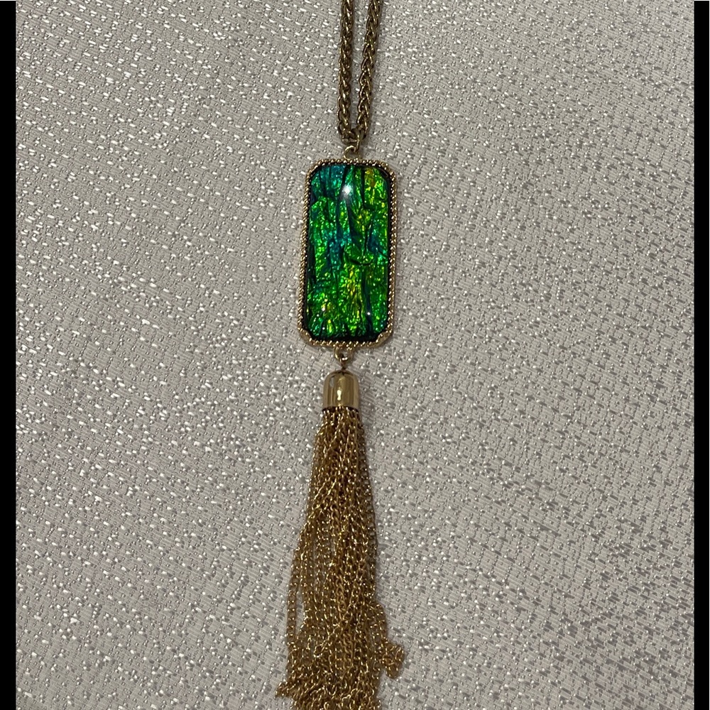 Long Hold Necklace with Green Gem and Tassel